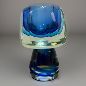 Vintage Murano Sommerso Faceted Style Blue Swirl Glass Mushroom Candle Vase MCM